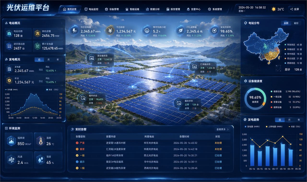 北京泓珊科技有限公司能源监管与光伏运维数据可视化大屏脱敏案例界面