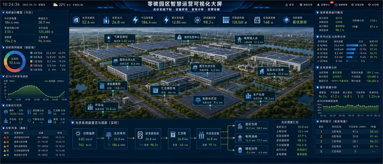 北京泓珊科技有限公司零碳园区智慧运营可视化大屏脱敏案例界面